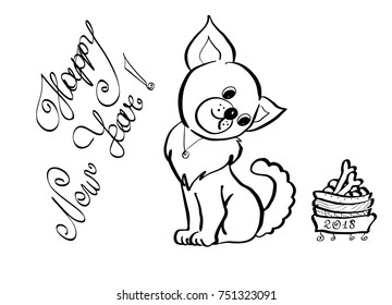 Vector abstract portrait silhouette of dog near his plate "2018" with bones as symbol of New Year. Logo vintage design, isolated cartoon illustration of pet in black color and phrase "Happy New Year!"