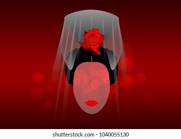 Vector abstract Portrait of traditional Latin or Spanish woman dancer , Lady with accessories "peineta" and red flower , Flamenco Icon. Women with veil and ornamental comb for Good Friday, holy week 