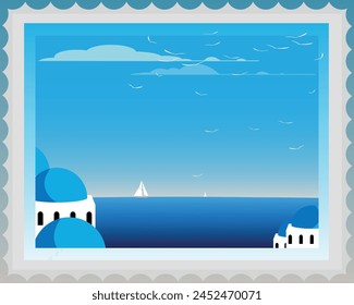 Vector abstract post stamp . Travel Icon place Greek island Santorini with sea and sailing boats. 