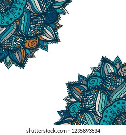 Vector abstract postcard design. Colorful floral mandala ornaments on white background with copy space. Beautiful invitation template. Abstract blue flowers.