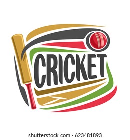 Vector Abstract Poster For Cricket Game: Red Ball Hitting Of Bat, Flying On Curve Trajectory Above Pitch, Inscription Title Text - Cricket, Graphic Illustration On Cricket Theme On White Background.