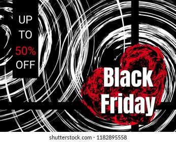 Vector abstract poster with grunge red heart and twirl white circle on the dark background. Text Black Friday and Up to 50% off.