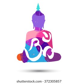 Vector abstract poster with "Om" symbol and sitting Buddha isolated on white background