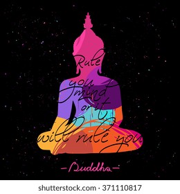 Vector abstract poster "Rule you mind or it will rule you" with sitting Buddha silhouette