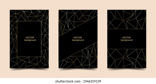 Vector abstract poster template with dynamic lines. Gold geometric shapes on a black background. Elegant design for banner, flyer, invitation, cover, business card.