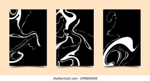 Vector abstract poster template with liquid lines. White wavy lines on a black background. Design for banner, flyer, invitation, cover, business card.