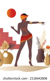 Vector, abstract posters with African woman in turban, dancer in minimalistic style. Ceramic vase and jugs, plants, abstract shapes and landscape.  Collection of contemporary art. 