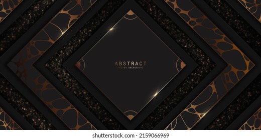 Vector abstract premium background with shiny glitter, animal print and a frame with a golden border. Luxury layered geometric modern backdrop in black and gold colors with place for text