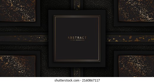 Vector abstract premium background with shiny glitter, golden spots, a copy space and frame with a linear border. Luxury layered geometric modern banner in black and gold colors with place for text