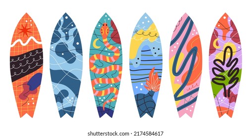 Vector abstract print design surfboard set isolated on white background. Summer apparel print design set, sticker template collection