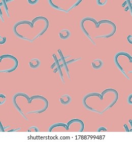 Vector abstract print. Geometric abstract pattern from various simple shapes on a pink background. Heart template and hashtag icon. Fashionable print for textiles and packaging.