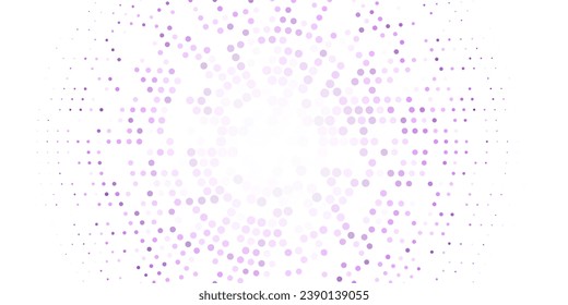 Vector abstract purple background frame of dots. Circular glowing ornament of mosaic curb. Pattern of particle flux dots, particles, molecules. Banner for presentations, technology, medicine, business