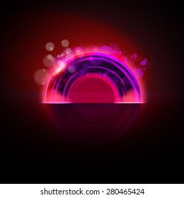 Vector abstract. Purple colors abstract circle badge on dark background. Futuristic technology banner. Night party special invitation.