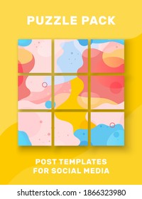 Vector abstract puzzles template posts for social media with bright colors. Nine design backgrounds with yellow blue and pink and text area