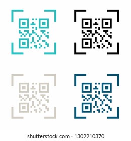 Vector abstract QR code scanning isolated on white background. Set of 4 flat icons in grey, blue, black, turquoise colors. Product identification concept, product scanning.