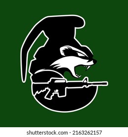 Vector abstract. Raccoon with a grenade and a machine gun. Vector logo