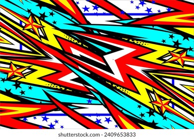 diseño de fondo de carreras abstractas vectoriales con un patrón de rayas único y una combinación de colores brillantes y efectos estrella