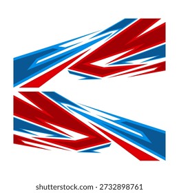 Vector abstract racing decal graphic featuring sharp dynamic shapes in contrasting red and blue colors, ideal for vehicle wraps, esports liveries, or athletic branding projects.
