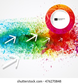 Vector abstract rainbow watercolor background with arrows and paint splash design.