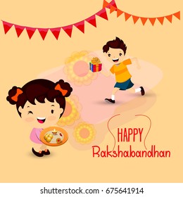  Vector abstract for Raksha Bandhan with nice illustration in a creative background, Beautiful background with illustration of cute little sister and brother with gift preparing for Rakhi.