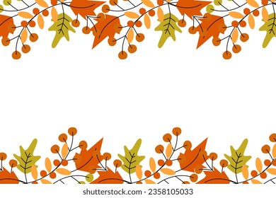 Vector Abstract rectangular frame border of autumn leaves and twigs in trendy seasonal hues. Isolate