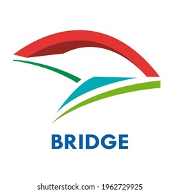 Vector abstract red bridge on blue river and green meadow, connection concept