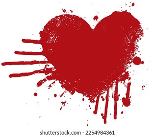 Vector abstract red heart sign with drops and streaks. A bloody heart with spots isolated on a light background. Suitable for valentine card, t-shirt design, tattoo, sticker, design element, greetings