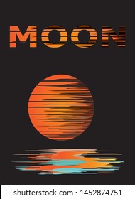 Vector abstract red moon with a reflection in the water and the inscription of the moon of a red color on a black background