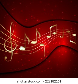 Vector abstract red musical background with gold notes stave and treble clef