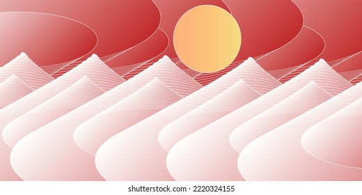 Vector abstract red pink Japanese background magic mountain wave and line. Sunrise modern geometric. Creative asian digital backdrop.Use like poster, magazine, card, book, flyer,banner,wallpaper.