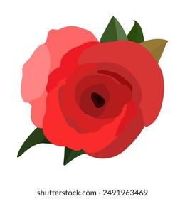Vector abstract red rose flower isolated on white, vector illustration. Beautiful blossom gift birthday, holidays, anniversary celebration, elegant detailed rose blooming bud with leaves close up