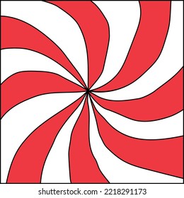 Vector abstract red and white illustration with black outline in 60s style. Striped geometrical background for Christmas and New Year decoration. Hand drawn hypnosis spiral for lollipop decor