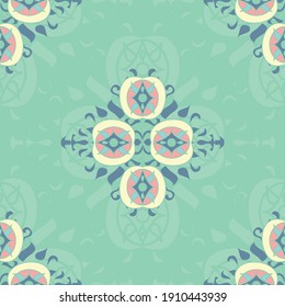 Vector abstract repeating ornate pattern in green, blue and pink with decorative lines