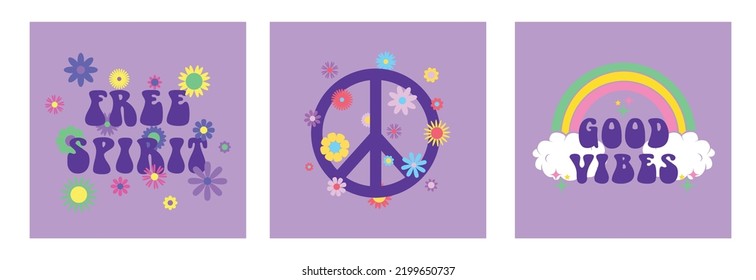 Vector abstract retro 60s, 70s hippie aesthetic backgrounds set with groovy flowers, inspirational lettering phrases. Vintage illustrations for fashion art prints, poster or card