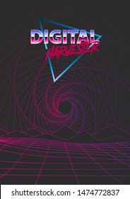 Vector Abstract Retro 80s Poster With Neon Grid Landscape. Vector EPS .10