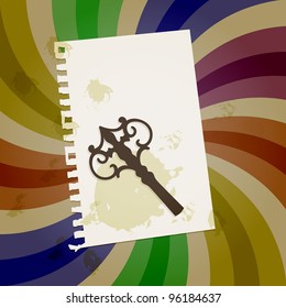 vector abstract retro background with vintage key, sheet of paper, and grungy blots