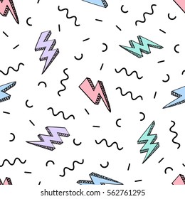 Vector Abstract Retro Pattern With Lightning Bolts And Geometric Elements. Trendy Memphis Thunder Background In Comics Style