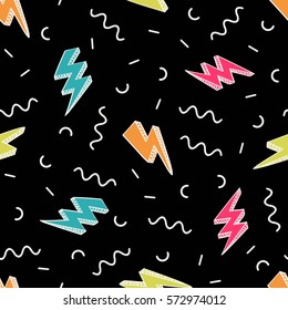 Vector abstract retro pattern with lightning bolts and geometric elements. Trendy memphis thunder background in comics style.