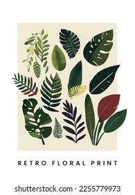 Vector Abstract Retro Screen Print Botanical Tropical Leaf Surface Pattern Elements for Poster, Book Cover or Advertisement Background.