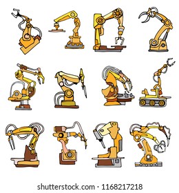 Vector abstract robot arm icons set illustrating robotics, industrial automation and fantasy machines. Golden and brown colors. Hand drawn.