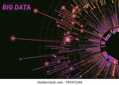 Vector abstract round big data visualization. Futuristic infographics design. Visual information complexity. Intricate data threads graphic. Social network or business analytics representation. 