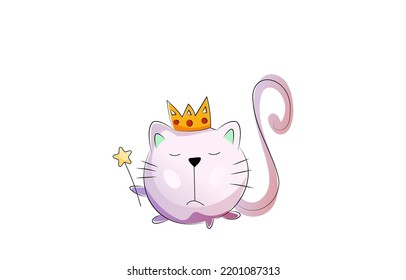 Vector abstract round cat with a crown on his head. An arrogant, arrogant cat holds a magic wand with a star in its paw. Closed eyes of a cat.