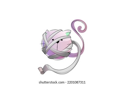 Vector abstract round cat. Frightened cat entangled in paper. Cat wrapped in toilet paper. The cat cannot move, immobilized.