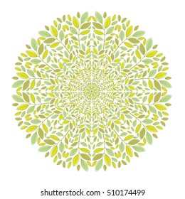 Vector abstract round floral pattern with green and yellow leaves on branches on a white background. Mandala. Vector illustration. Colorful ornament.