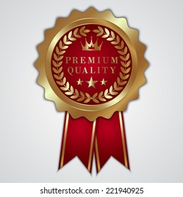 Vector abstract round golden premium quality badge  with ribbon and wreath
