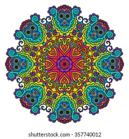 Vector abstract round ornament. Bright colors retro style design element. Ethnic decorative circle composition. Can be used for fabrics, wallpapers, ornamental template for design and decoration, etc