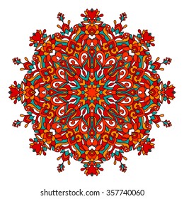 Vector abstract round ornament. Bright colors retro style design element. Ethnic decorative circle composition. Can be used for fabrics, wallpapers, ornamental template for design and decoration, etc