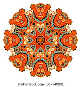 Vector abstract round ornament. Bright colors retro style design element. Ethnic decorative circle composition. Can be used for fabrics, wallpapers, ornamental template for design and decoration, etc