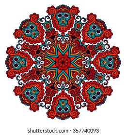 Vector abstract round ornament. Bright colors retro style design element. Ethnic decorative circle composition. Can be used for fabrics, wallpapers, ornamental template for design and decoration, etc
