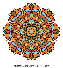Vector abstract round ornament. Bright colors retro style design element. Ethnic decorative circle composition. Can be used for fabrics, wallpapers, ornamental template for design and decoration, etc